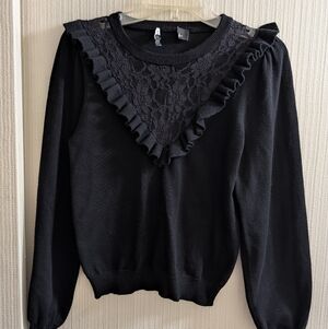 Lulu's Black Lace V Sweater Balloon Sleeve Size S